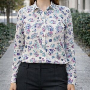 Talbots Floral Button Down Shirt Long Sleeve Cream Purple Women's S Cottagecore‎